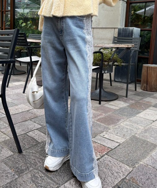 [低身長サイズ／Sシリーズ]ベーシックワイドサイドレースデニムパンツ