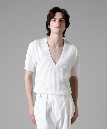 「ASSEMBLANC」ウォッシャブルシルクワイドリブVネックニットTシャツ