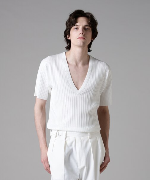 「ASSEMBLANC」ウォッシャブルシルクワイドリブVネックニットTシャツ