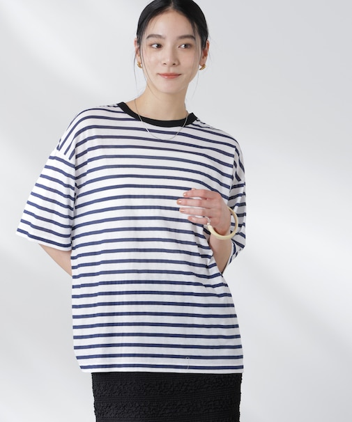 ボーダーシアーコットンTシャツ