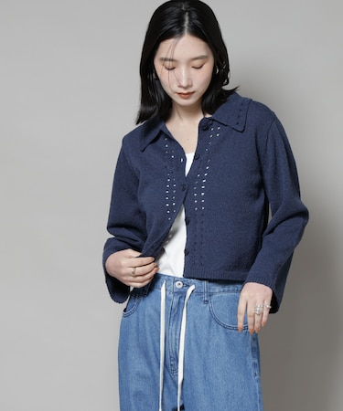 衿付アイレットクロップドニットカーディガン