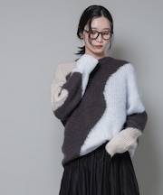 モヘヤ起毛カーブパターンブロッキングニット