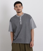 オーバーダイジャガードストライプヘンリーTシャツ 半袖