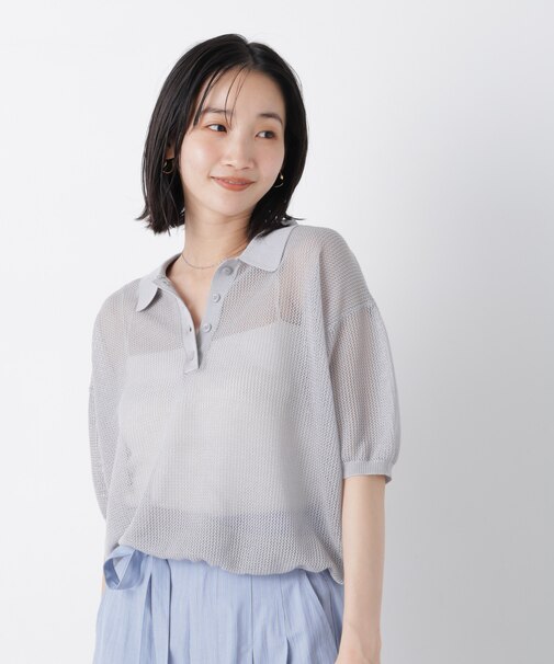 メッシュポロニットトップス