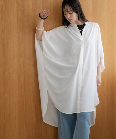 WEB限定/多機能素材 バンドカラーワイドチュニックシャツワンピース