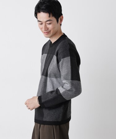 ブロックチェッククルーネックニット