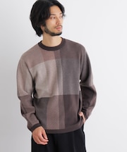 ブロックチェッククルーネックニット