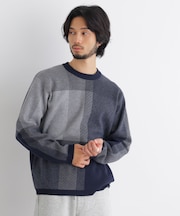 ブロックチェッククルーネックニット
