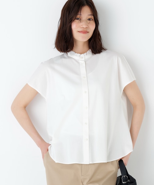 《大人気追加入荷! / 洗える》ライトカットソースタンドフリルブラウス