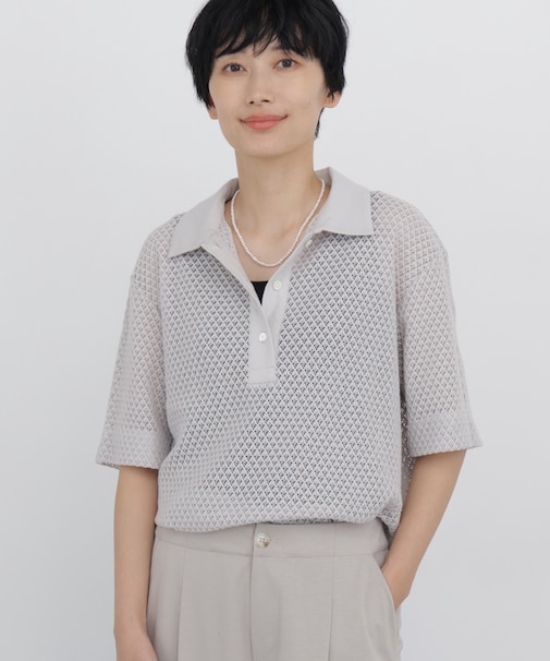 ◆≪清涼アイテム / 洗える≫ リーフ格子レース ポロTシャツ