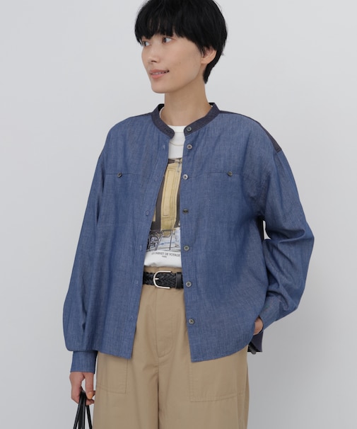 ◆ライトオンスデニムドッキングバンドカラーシャツ