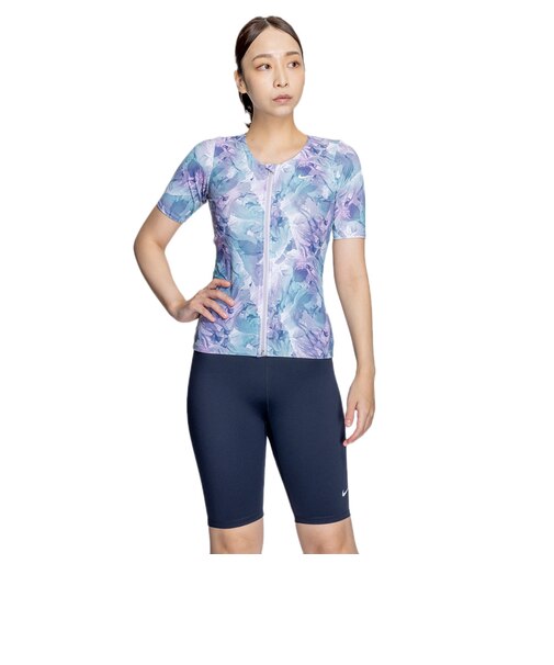 ナイキ（NIKE）フィットネス水着 レディース 水泳 総柄ジップ付き半袖セパレーツ 2993131-018