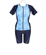 フィラ(FILA)フィットネス水着 水泳 タイダイプリント 半袖ジップセパレート 青 紺 M-LLサイズ 315605 NV めくれ防止スナップ付き 上下セット