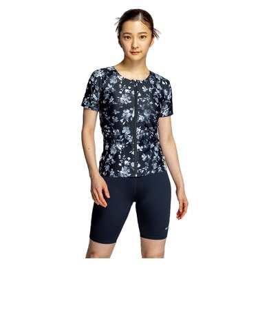 ナイキ（NIKE）フィットネス水着 水泳 総柄ジップ付き半袖セパレーツ 上下セット 黒 M-3Lサイズ 2993149-009