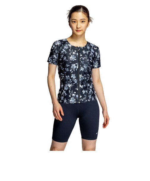 ナイキ（NIKE）フィットネス水着 水泳 総柄ジップ付き半袖セパレーツ 上下セット 黒 M-3Lサイズ 2993149-009