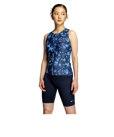 ナイキ（NIKE）フィットネス水着 水泳 総柄ジップ付きセパレーツ 上下セット 紺 M-LLサイズ 2993148-008