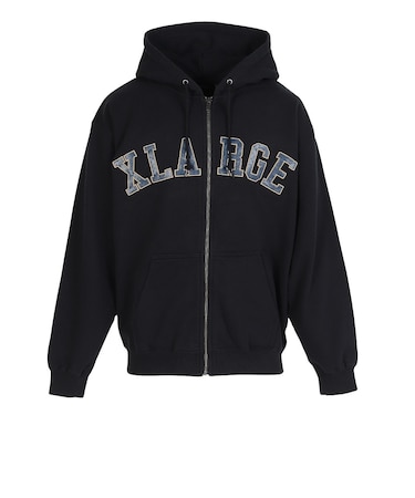 エクストララージ（XLARGE）PERFORATED レザー ロゴ ジップ アップ フーデッド スウェットシャツ 101261012007-BLACK
