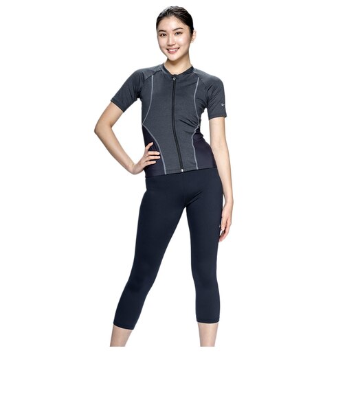 ナイキ（NIKE）フィットネス水着 レディース 水泳 セミロングレギンス 半袖 ジップ セパレーツ 黒 M-LLサイズ 2993173-0009
