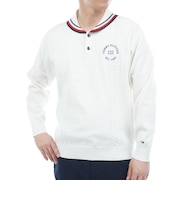 ゴルフウェア 保温 ケーブル柄 ショールカラーニット 長袖 THMA572-WHT