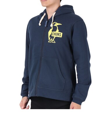 チャムス（CHUMS）スウェット パーカー ブービー ロゴ ジップパーカー CH00-1420-N098 ネイビー×イエロー 裏起毛 綿100