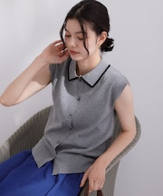 配色衿フレンチスリーブニット【洗濯機OK】