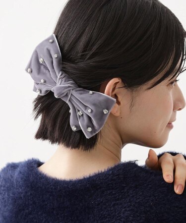 【華やか&上品】ビジューベロアリボンバレッタ