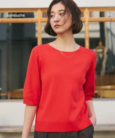 【S-XL/ひんやりタッチ】美しさ際立つ 6分袖ニット 洗濯機OK/UVケア/毛玉になりにくい