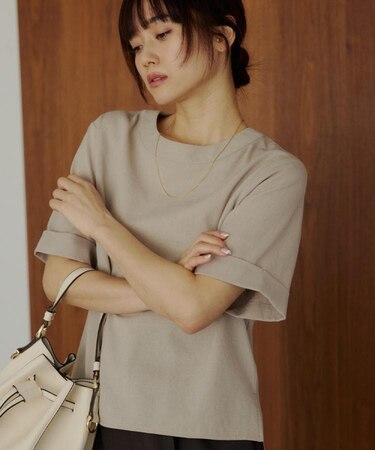 【M-XL/二の腕カバー】さらり麻調メッシュ5分袖ブラウス