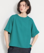【M-XL/二の腕カバー】さらり麻調メッシュ5分袖ブラウス