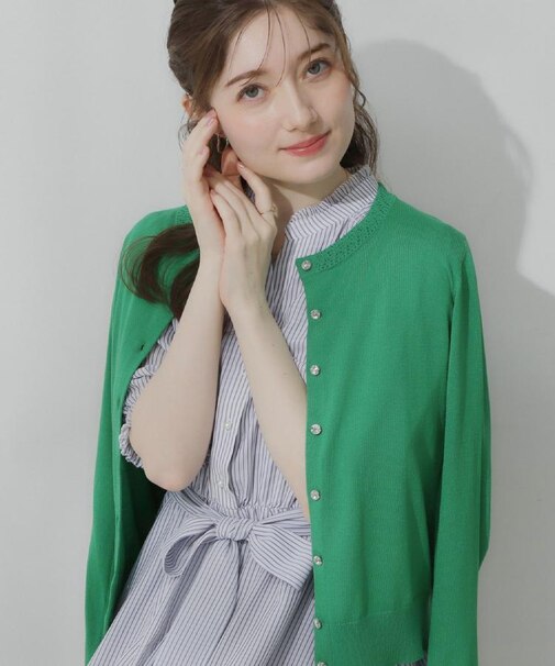 【アンサンブル可・UVカット・アンチピリング】ポイント透かしビジュー釦カーディガン