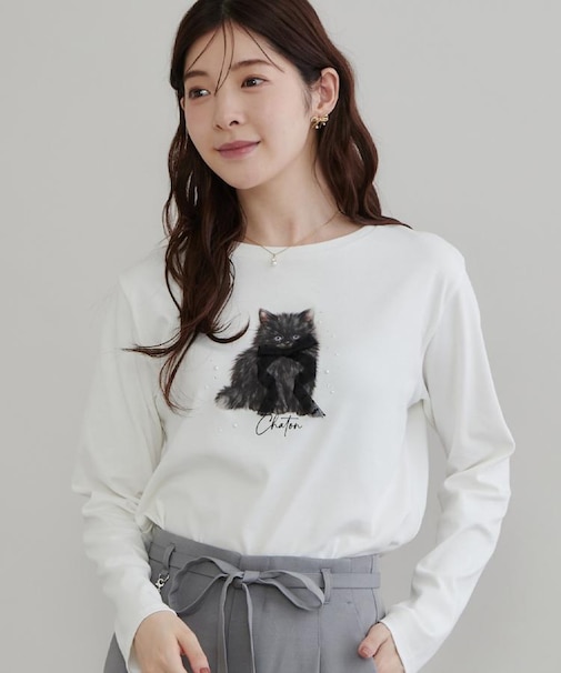 【立体的なパール調デザイン】猫プリント/ロゴ刺繍アソート ロンT