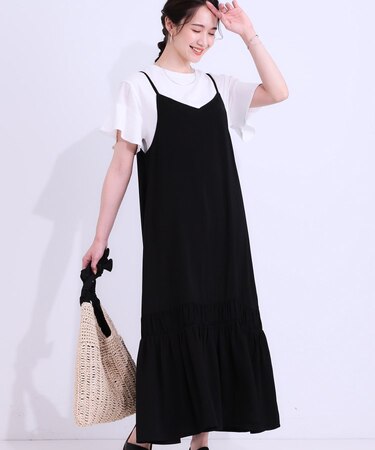 【ひんやり】シャーリングがアクセントに 大人のデザインキャミワンピース