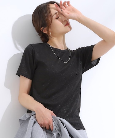 【S-LL】大人のラメ感 テレコ半袖トップス