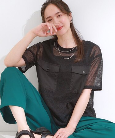 【S-LL】メッシュ素材で大人ヘルシー ポケット付きデザイントップス