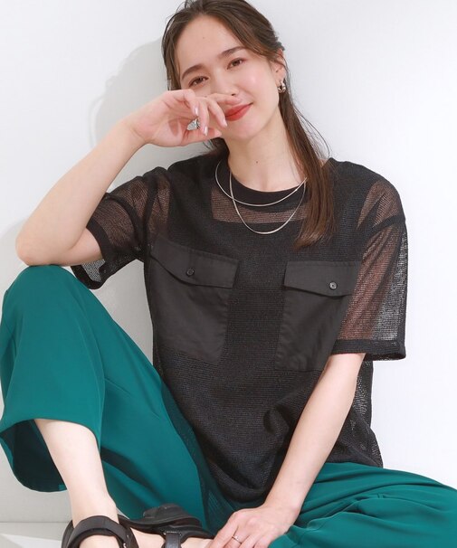 【S-LL】メッシュ素材で大人ヘルシー ポケット付きデザイントップス