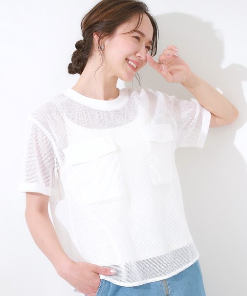 【S-LL】メッシュ素材で大人ヘルシー ポケット付きデザイントップス