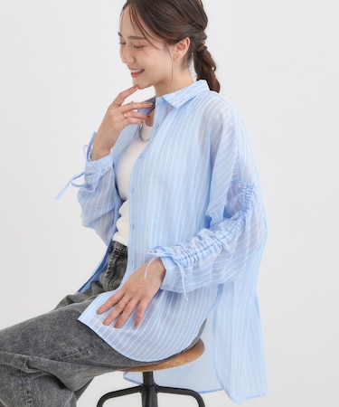 【S-LL】程よい透け感 ストライプ柄 お袖ギャザーデザインシャツ