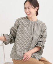 【S-LL】キャンディースリーブが女性らしい マルチストライプブラウス