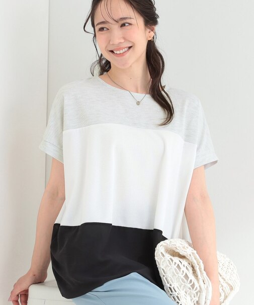 【S-LL/洗濯機可/体型カバー】インせず着られる 異素材ブロッキング ドルマンTシャツ