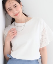 【S-LL/洗濯機可/体型カバー】汗じみが気になりにくい お袖レースフレアTシャツ