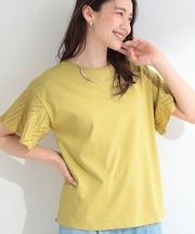 【S-LL/洗濯機可/体型カバー】汗じみが気になりにくい お袖レースフレアTシャツ