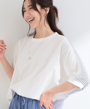 【体型カバー/洗濯機可】二の腕隠れる 前後切替ドルマンTシャツ
