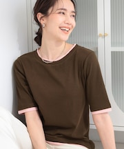【S-LL/洗濯機可】二の腕隠れる 配色レイヤード風 5分袖Tシャツ