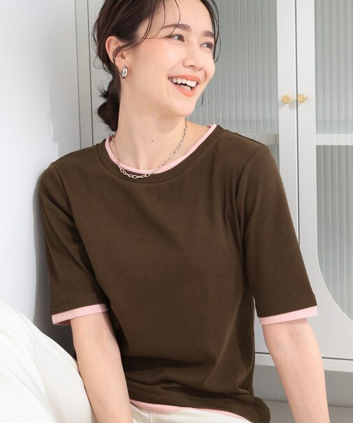 【S-LL/洗濯機可】二の腕隠れる 配色レイヤード風 5分袖Tシャツ