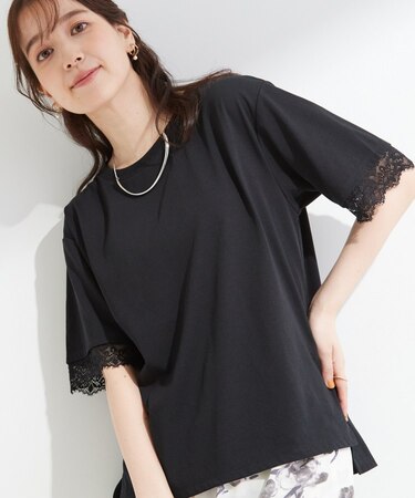【UV/S-LL/洗濯機可】柄アソート お袖レースが旬顔 上品に決まる大人Tシャツ