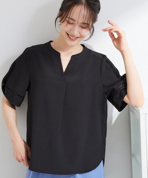 【洗濯後しわになりにくい/インせずきまる】シンプルだけど女性らしい 麻調スキッパーブラウス