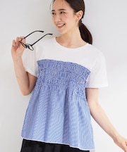 【S-LL/洗濯機可/体型カバー】インせずサマ見え ビスチェ風異素材ドッキングTシャツ