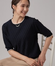 【毛玉になりにくい/S-LL/洗濯機可】ダイヤ柄が上品 二の腕隠せる5分袖ニット