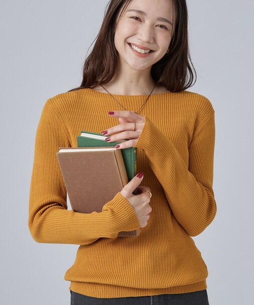 【毛玉になりにくい/S-LL/洗濯機可】ボートネックで首元美しく やわらかリブニット