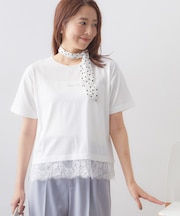 【接触冷感/UV】刺繍ロゴ裾レースTシャツ《洗濯機OK》